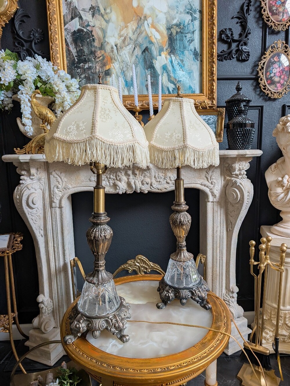 VTG, Set of 2, Ornate Regency/Victorian Style Brass footed Crystal 3-Way Lamp